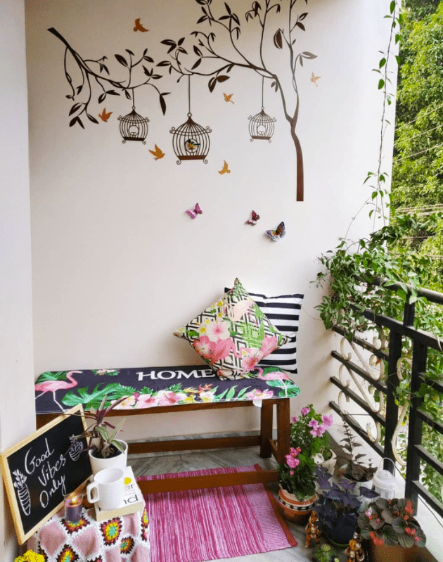 a bench on a balcony